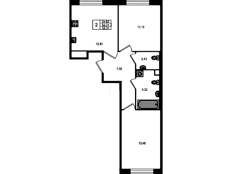 2-комнатная квартира 52.31 м², 1/5 эт., ЖК «Plus Пулковский»